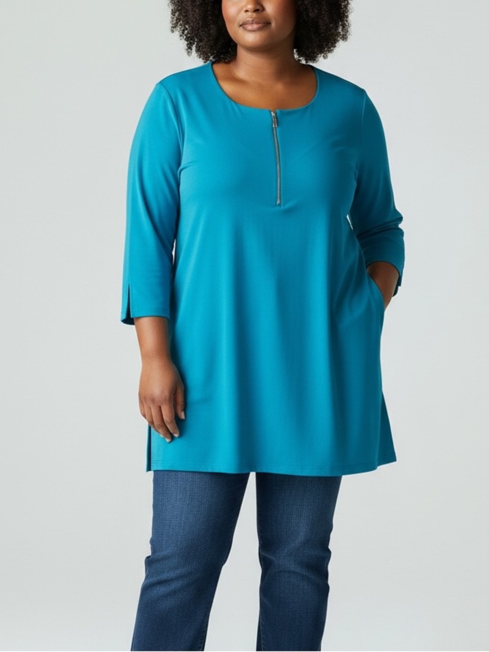 Sympli Teal Blue Zip-Front Tunic Top Size 14 Split-cuff Three-quarter Sleeves